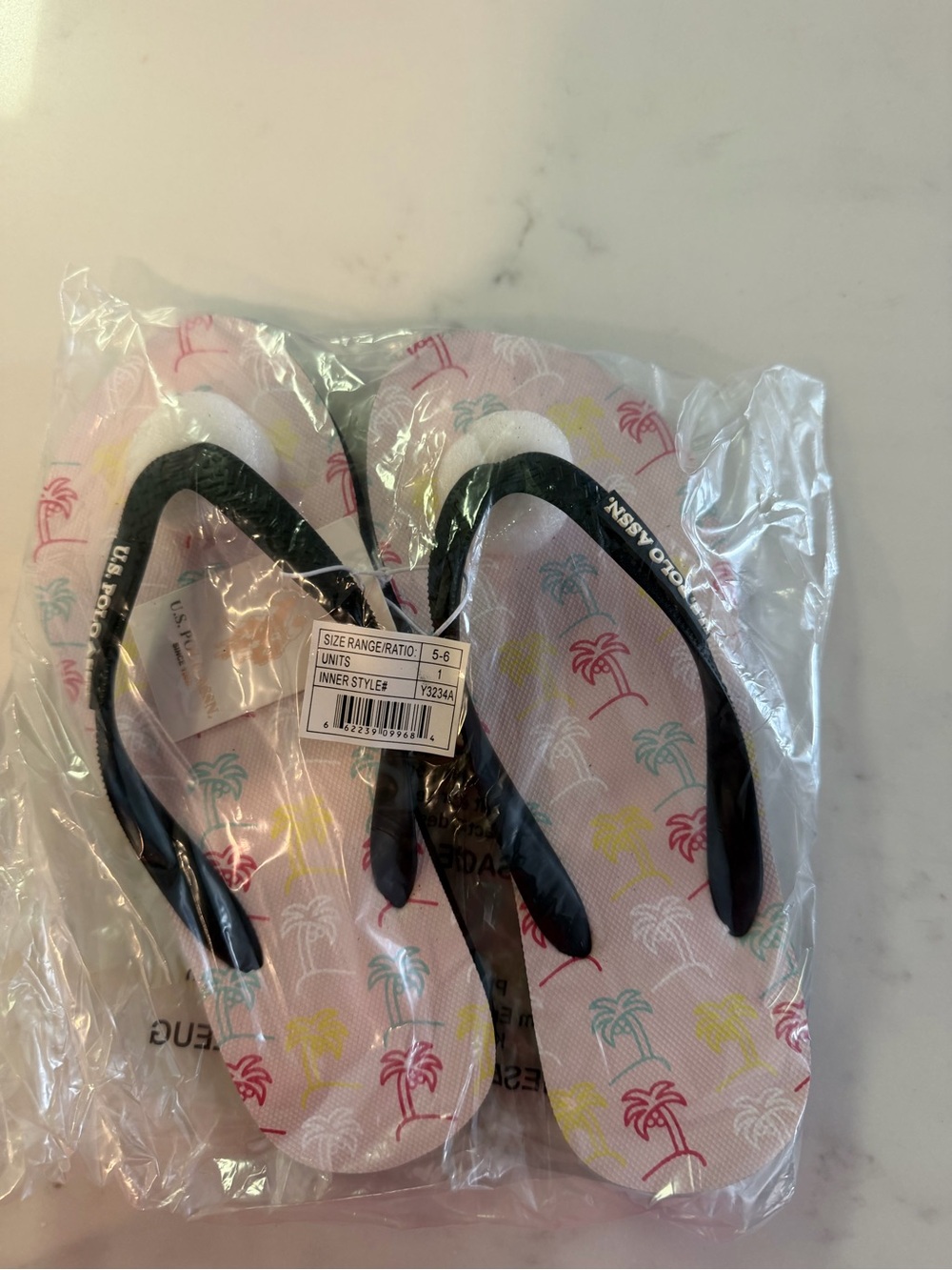 Womens Flip Flops - Pink Palm Print with Black Straps